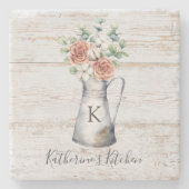 Rustic Monogram Roos Cotton Eucalyptus in een krui Stenen Onderzetter (Voorkant)