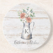 Rustic Monogram Roos Cotton Eucalyptus in een krui Zandsteen Onderzetter (Voorkant)