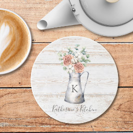 Rustic Monogram Roos Cotton Eucalyptus in een krui Zandsteen Onderzetter