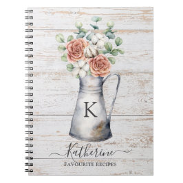 Rustic Monogram Roos Katoen Eucalyptus Houtrecept Notitieboek
