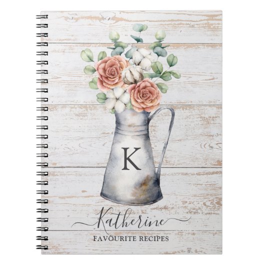 Rustic Monogram Roos Katoen Eucalyptus Houtrecept Notitieboek (Voorkant)