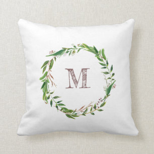 Rustic Monogram Waterverf verlaat Laurel Krans Kussen