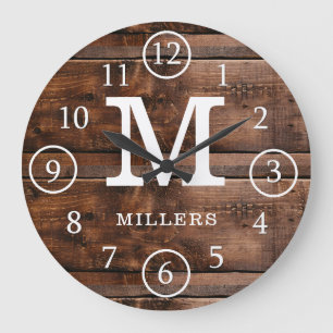 Rustic Monogrammed Dark Brown Wood Familienaam Grote Klok