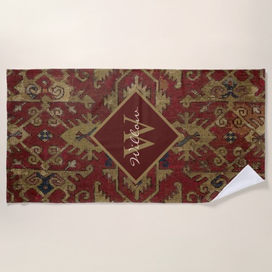 Rustic Monogrammed Oriental Persian Red Pattern Strandlaken (Voorkant)