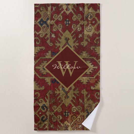Rustic Monogrammed Oriental Persian Red Pattern Strandlaken (Voorkant)