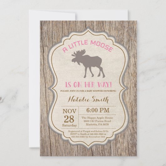 Rustic Moose Baby shower Invitation Girl Kaart (Voorkant)