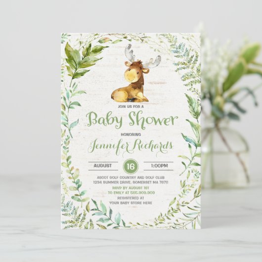 Rustic Moose Baby shower Invitation Greenery Kaart (Staand voorkant)