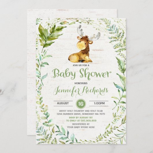 Rustic Moose Baby shower Invitation Greenery Kaart (Voorkant / Achterkant)