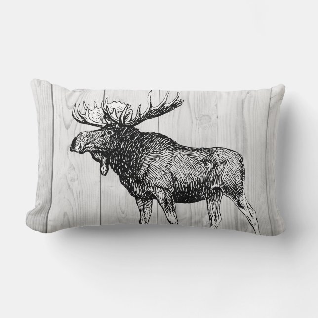 Rustic Moose Sketch en Laurels White Wood Planks Kussen (Voorkant)