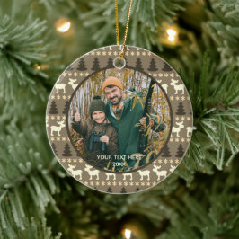 Rustic Moose Trees Wilderness Twee foto's Bruin Keramisch Ornament