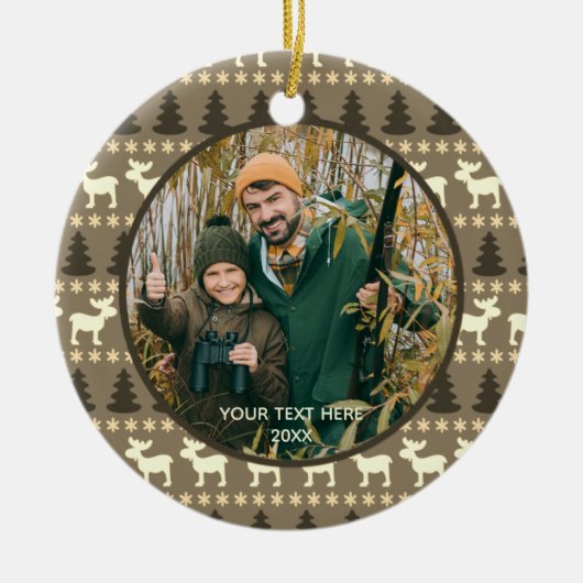 Rustic Moose Trees Wilderness Twee foto's Bruin Keramisch Ornament (Voorkant)