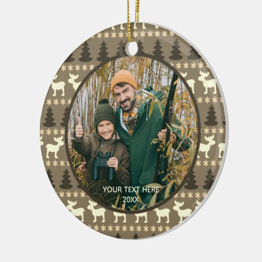 Rustic Moose Trees Wilderness Twee foto's Bruin Keramisch Ornament (Links)