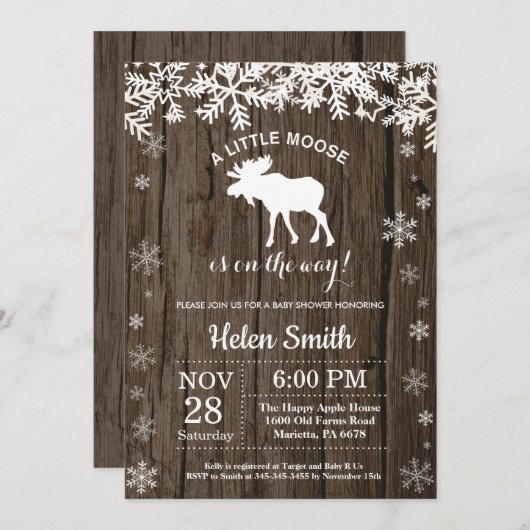 Rustic Moose Winter Snowflake Baby shower Kaart (Voorkant / Achterkant)