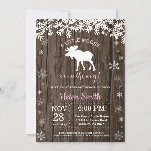 Rustic Moose Winter Snowflake Girl Baby shower Kaart (Voorkant)