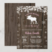 Rustic Moose Winter Snowflake Girl Baby shower Kaart (Voorkant / Achterkant)