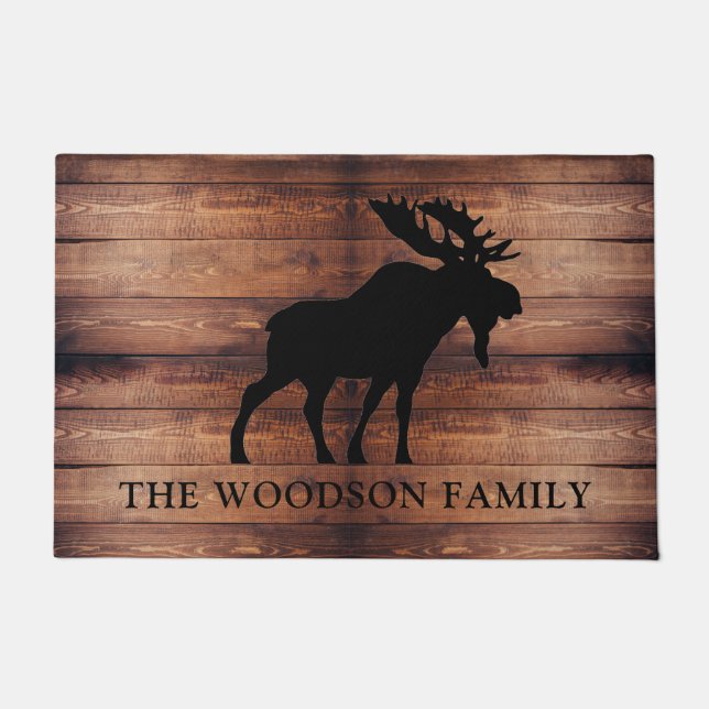 Rustic Moose Wood Gepersonaliseerde familienaam Deurmat (Voorkant)