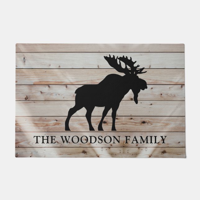 Rustic Moose Wood Gepersonaliseerde familienaam Deurmat (Voorkant)