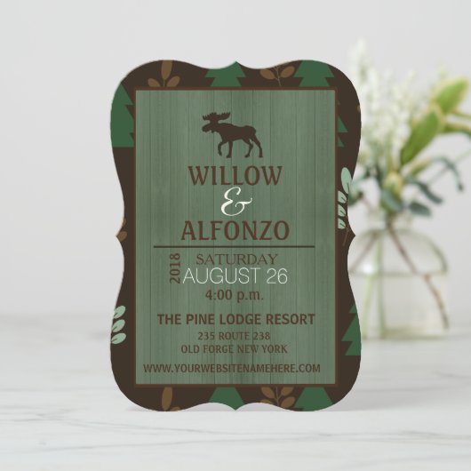 Rustic Moose Wood grain Wedding Invitation Kaart (Staand voorkant)