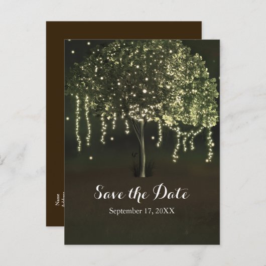 Rustic Mossy Lighted Tree Wedding Save the Date Aankondigingskaart (Voorkant / Achterkant)