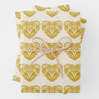 Rustic Mosterd Gouden Decoratief Hartpatroon Inpakpapier Vel