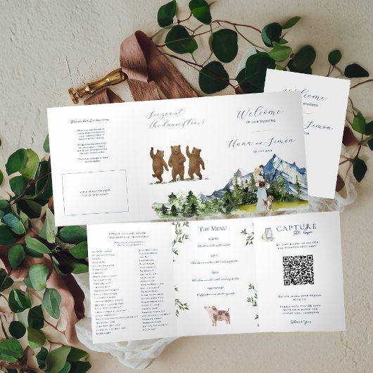 Rustic Mountain Blauw & Goud | Huwelijksprogramma Drieluik Uitnodiging