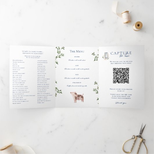 Rustic Mountain Blauw & Goud | Trouwprogramma Drieluik Uitnodiging (Binnen)