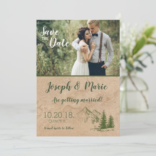 Rustic Mountain bruiloft Save the Date Invite Kaart (Staand voorkant)