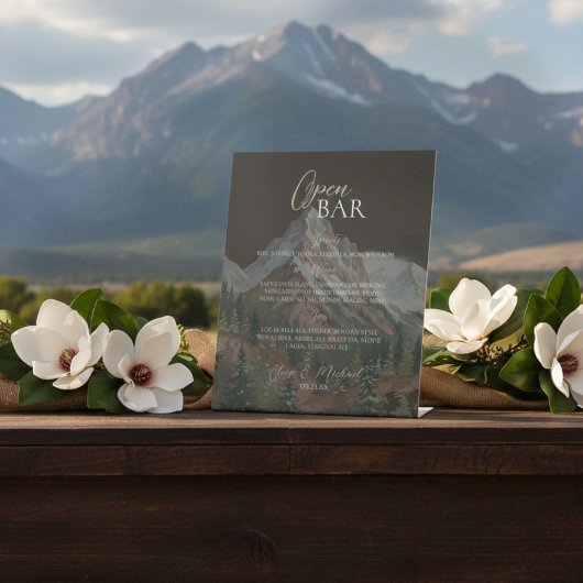 Rustic Mountain Bruin Open Bar Huwelijk Reclamebord Met Voetstuk