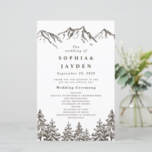 Rustic Mountain Elegant Pine Tree Wedding Programs (Staand voorkant)