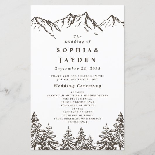 Rustic Mountain Elegant Pine Tree Wedding Programs (Voorkant)