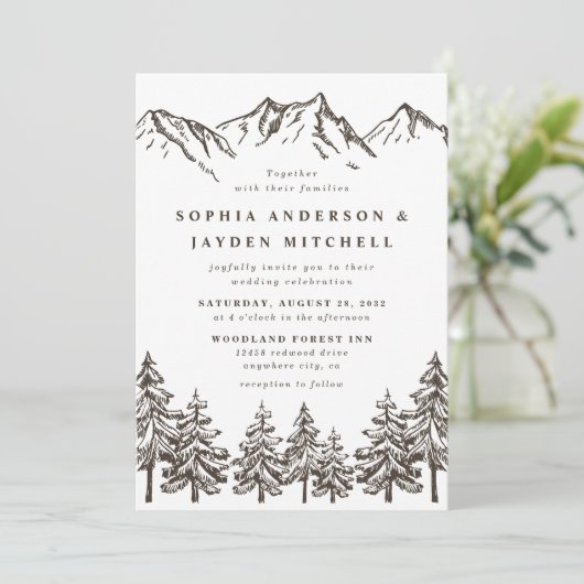 Rustic Mountain Elegant Waterverf Pine Wedding Kaart (Staand voorkant)