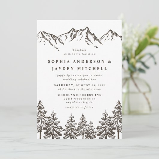 Rustic Mountain Elegant Waterverf Pine Wedding Kaart (Staand voorkant)