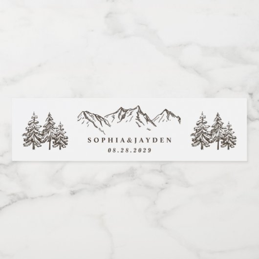 Rustic Mountain Elegant Waterverf Pine Wedding Waterfles Etiket (Enkel label)