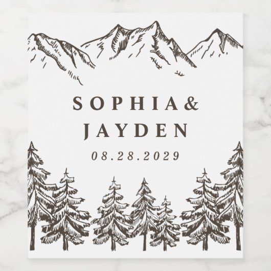 Rustic Mountain Elegant Waterverf Pine Wedding Wijn Etiket (Enkel label)