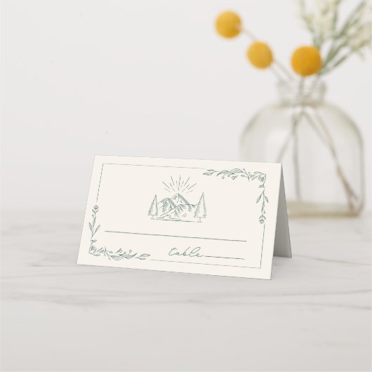 Rustic Mountain Emerald Line Art Wedding Plaatskaartje (Voorkant)