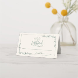 Rustic Mountain Emerald Line Art Wedding Plaatskaartje