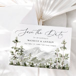 Rustic Mountain Evergreen Forest Save The Date<br><div class="desc">Rustic sla de data op met "Save the Date" in elegant kalligrafiekscript met een landschap van waterverf evergroene bomen en bergen. Pas de voorkant van de bosberg aan met je namen, trouwdatum en trouwlocatie. De natuur-thema sparen de datum keert terug om uw trouwwebsite en om het even welke belangrijke trouwdetails...</div>