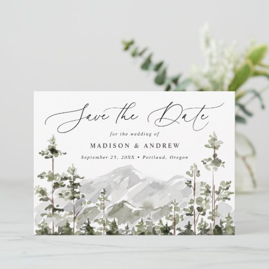 Rustic Mountain Evergreen Forest Save The Date (Staand voorkant)