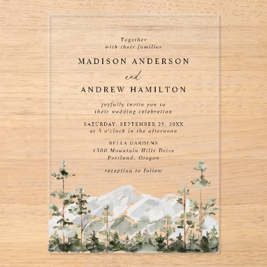 Rustic Mountain Evergreen Forest Wedding Acryl Uitnodigingen (Voorkant)