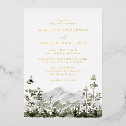 Rustic Mountain Evergreen Forest Wedding Folie Uitnodiging (Voorkant)