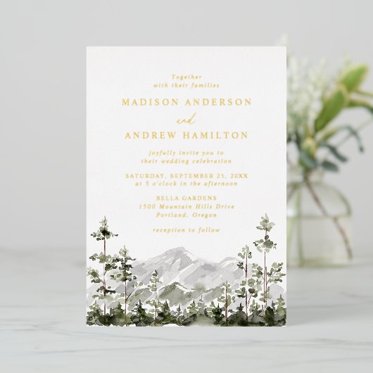 Rustic Mountain Evergreen Forest Wedding Folie Uitnodiging (Staand Voorkant)