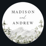 Rustic Mountain Evergreen Forest Wedding Ronde Sticker<br><div class="desc">Rustieke trouwstickers met een landschap van waterverf groenblijvende bomen en bergen. Personaliseer de houten berg bruiloft stickers met uw namen en bruiloft details. De woodland bruiloft stickers zijn perfect voor het afdichten van bruiloft enveloppen, bruiloft gunstzakken, en meer! De uitnodigingen voor het boshuwelijk zijn perfect voor bestemmingsbruiloften in de bergen....</div>