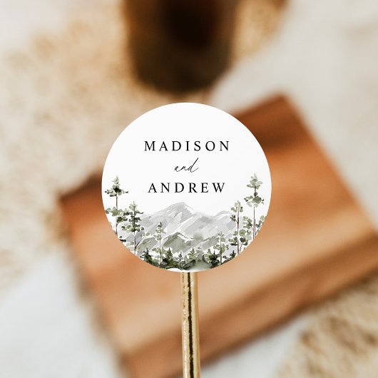Rustic Mountain Evergreen Forest Wedding Ronde Sticker