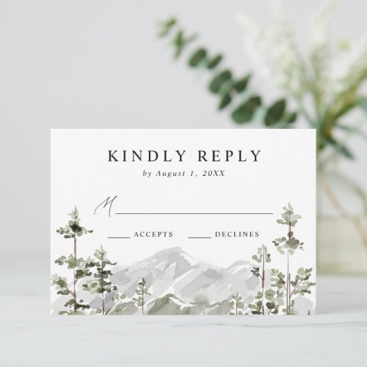 Rustic Mountain Evergreen Forest Wedding RSVP Kaartje (Staand voorkant)