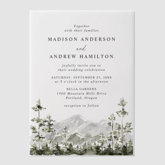 Rustic Mountain Evergreen Forest Wedding Vellum Uitnodigingen (Voorkant)