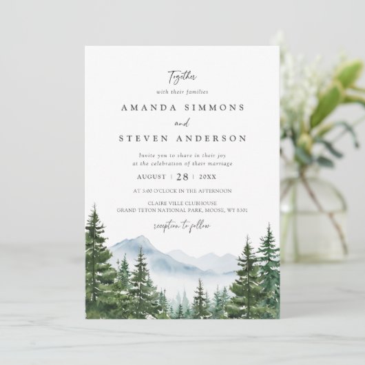 Rustic Mountain Evergreen Pine Forest Wedding Kaart (Staand voorkant)