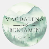 Rustic Mountain Evergreen Pine voor bomen bruiloft Ronde Sticker (Voorkant)