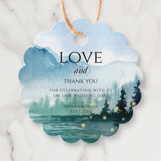 Rustic Mountain Fireflies Waterverf Wedding Bedankjes Labels (Voorkant)
