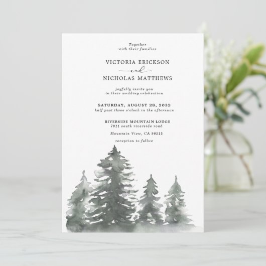 Rustic Mountain Forest Evergreen Tree Wedding Invi Kaart (Staand voorkant)