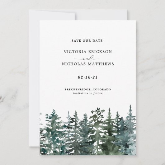 Rustic Mountain Forest Evergreen Tree Wedding Invi Kaart (Voorkant)